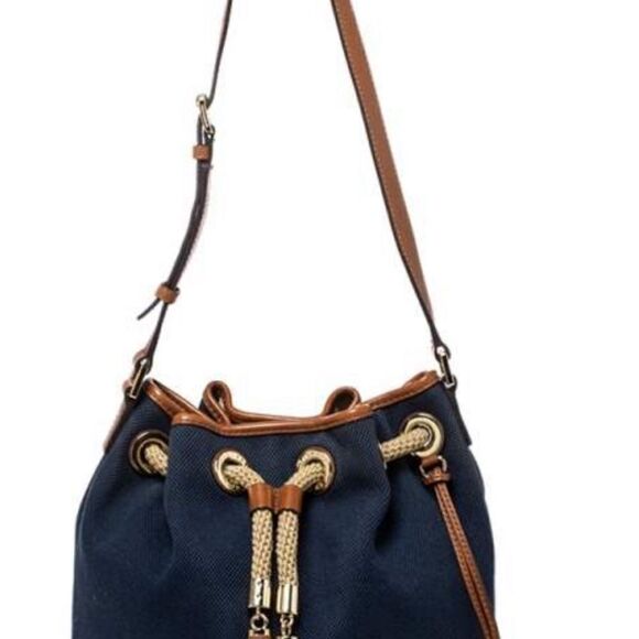 Michael Kors Marina Large Tie Navy Drawstring Bucket Canvas Leather Bag Rare - Picture 15 of 15